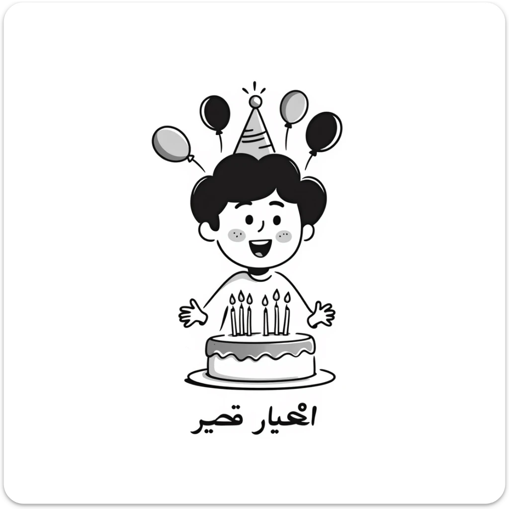 A cute little boy smiling with a birthday cake with candles and birthday decorations like balloons and party hats. At the bottom write in Persian text: "امیدرضاجان تولدت مبارک" sticker
