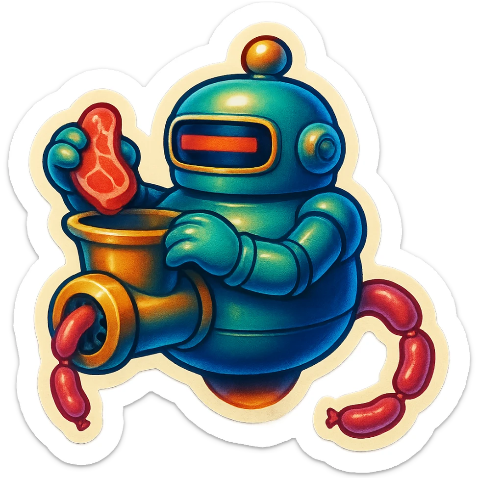 a robot that uses arms to put meat in large hole on top. sausage links come out robots rear. no legs on robot. robot hovers. robot feeds itself meat sticker