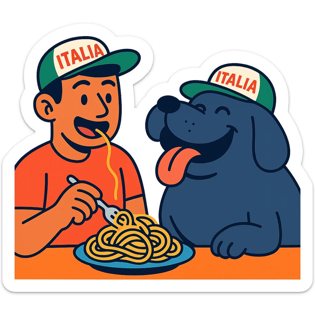 vibrant toon style guy in Italy eating pasta with a huge, happy, fat whale of a dog wearing an Italy hat sticker