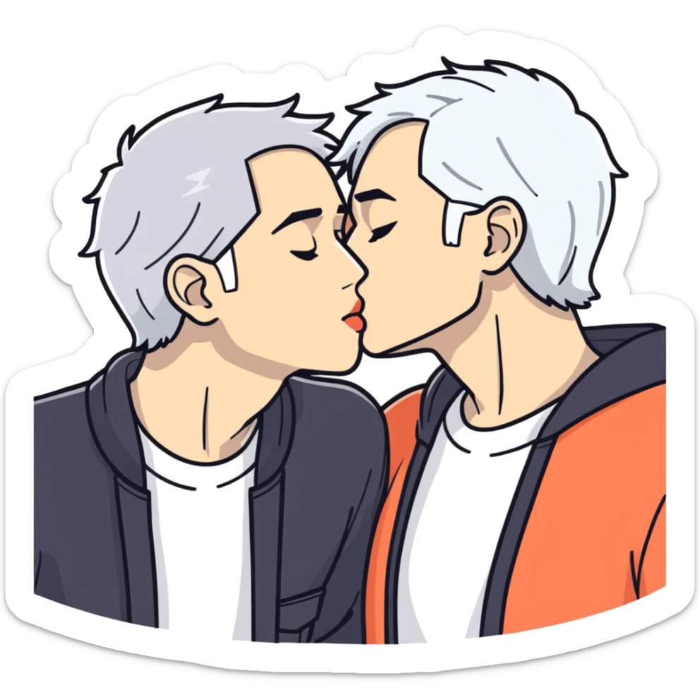 White dark hair adult male and black adult male kissing sticker