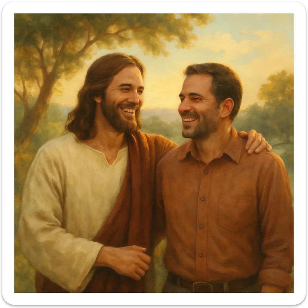Jesus with a person, both smiling, in a peaceful outdoor scene, warm and friendly atmosphere sticker