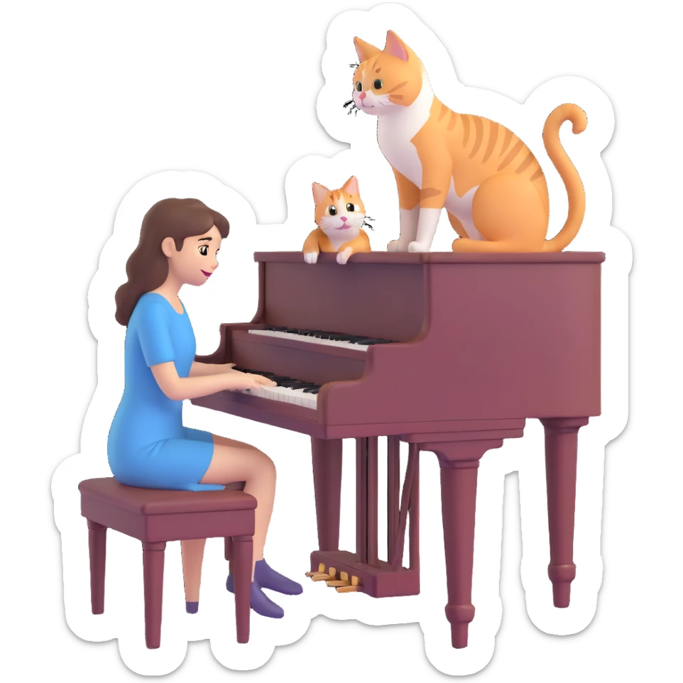 woman playing piano while her cat sits on top of the piano sticker