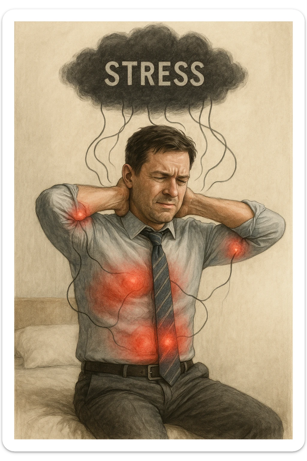 Uomo tra i 30 e i 40 anni in abiti da ufficio, seduto su una sedia o sul letto, con mani sul collo o sulla testa, visibilmente stressato. Attorno al corpo si vedono aree evidenziate di dolore (spalle, stomaco, schiena) rappresentate da leggere sfumature rosse o pulsanti. Sopra la sua testa, una nuvola scura con la parola 'Stress' scritta dentro, collegata al corpo con fili o nervi tesi. L'espressione dell’uomo è di frustrazione ma anche convinzione: crede che sia solo lo stress. Stile realistico con accenti simbolici psicofisici sticker
