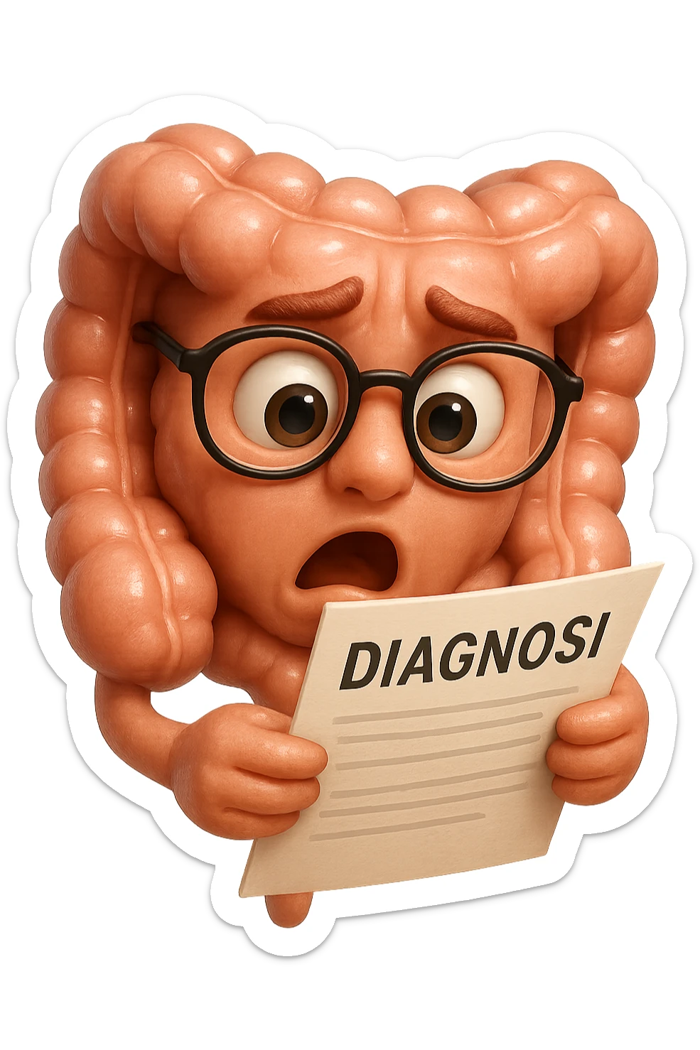 EMOJI STILE IPHONE DI UN INTESTINO CON GLI OCCHIALI CHE LEGGE UN FOGLIO CON LA SCRITTA DIAGNOSI, ESPRESSIONE STUPITA IN VOLTO, IPERREALISTICO 4K sticker