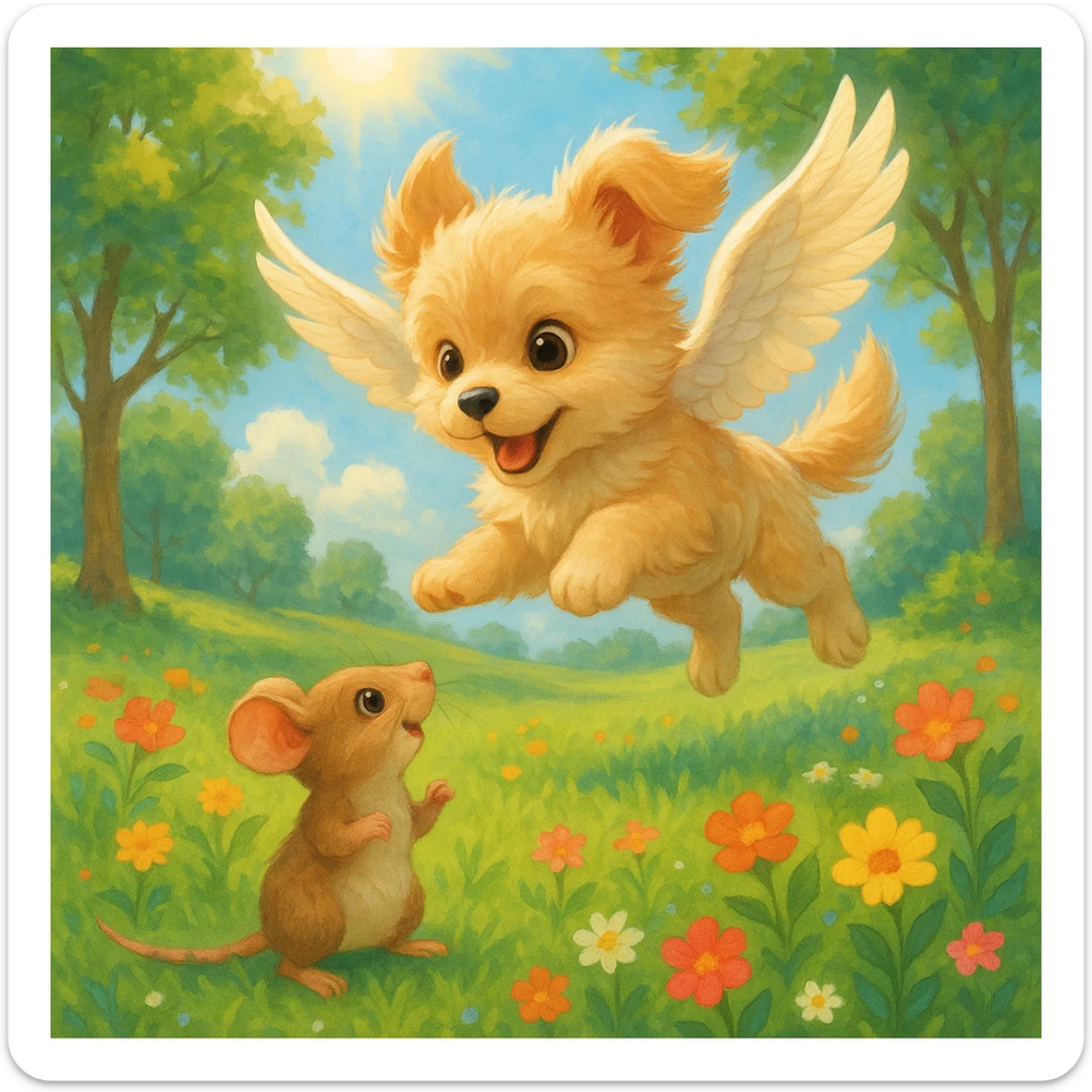 a fantasy scene of a winged dog flying over a mouse in a park, cheerful and cute sticker