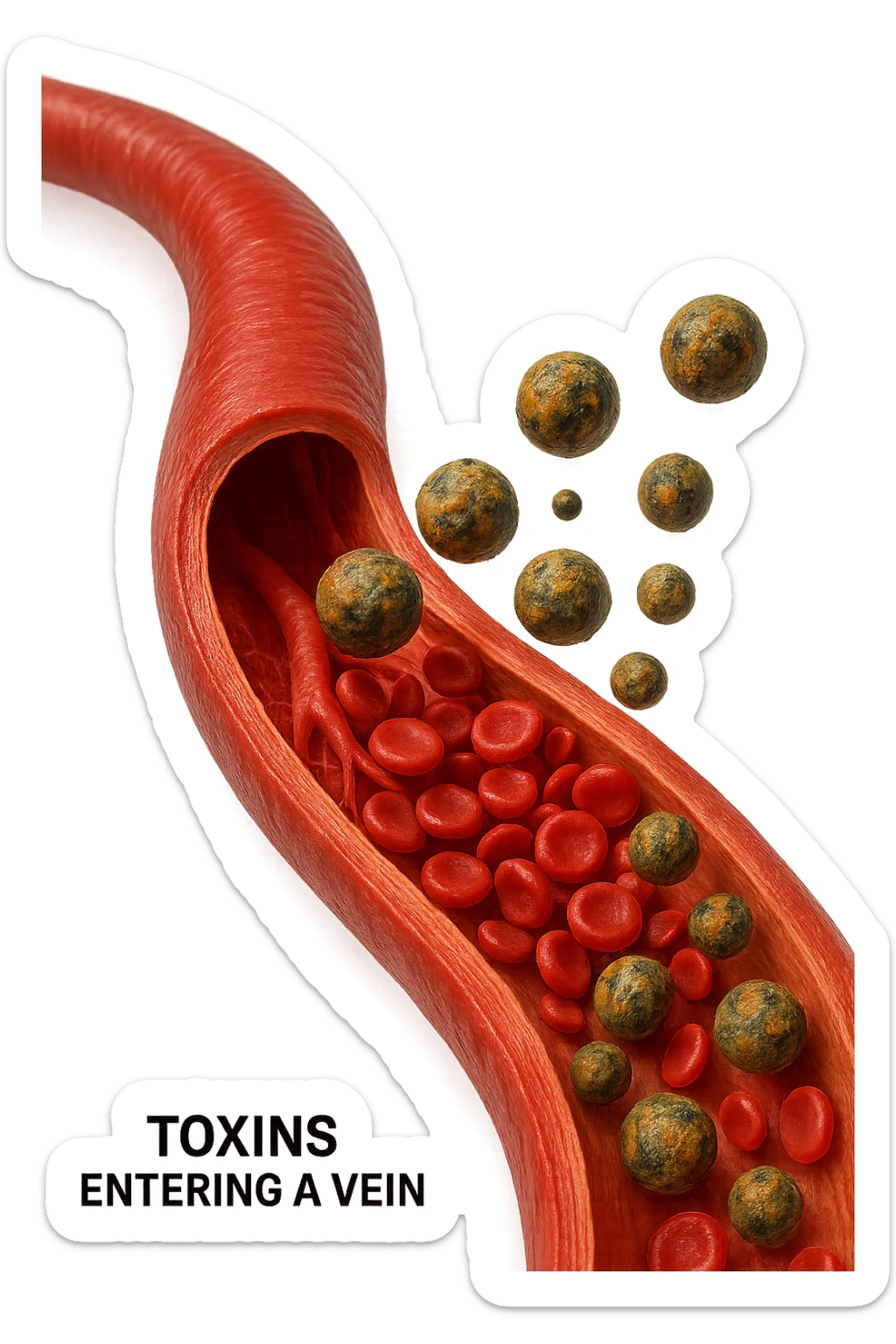 tossine che entrano in una vena umana anatomica realistica, vista dall'alto, iperrealistica 4k sticker