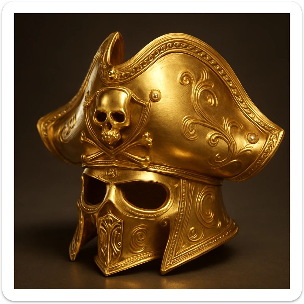 gold pirate helmet, ornate, with jewels and gold trim, in gold style sticker