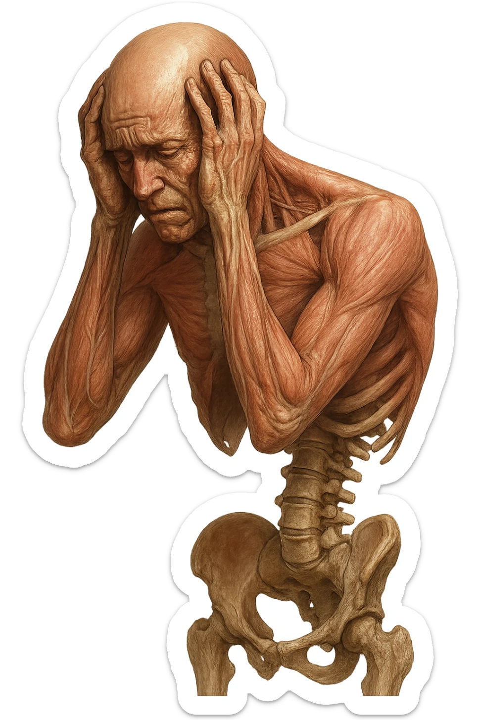 CORPO UMANO ANATOMICO con spina dorsale in evidenza, molto stanca e stressata mentre si tiene le mani sulla testa, IPERREALISTICO 4K sticker