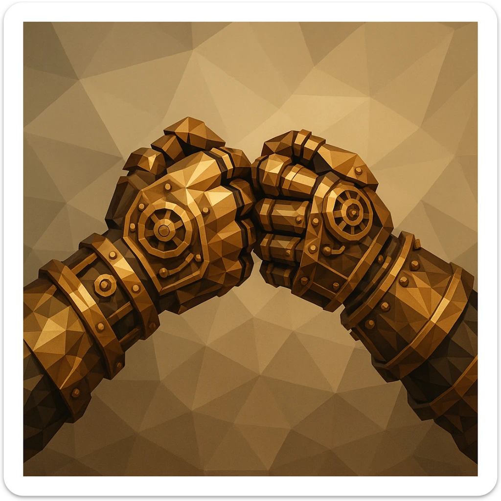 brass and copper steampunk gloves in a fist bump, Victorian era mechanical design, intricate details sticker