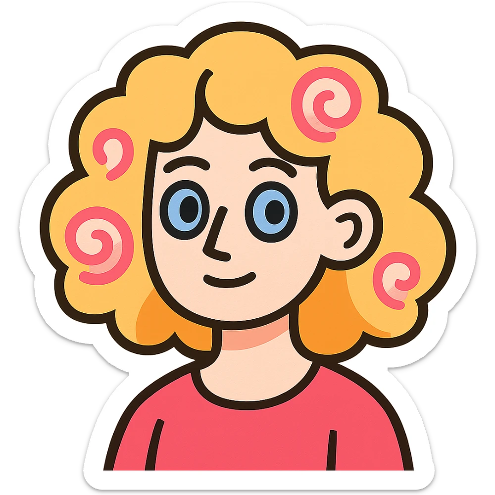 pale girl with medium-length curly blonde hair and baby pink swirls sticker