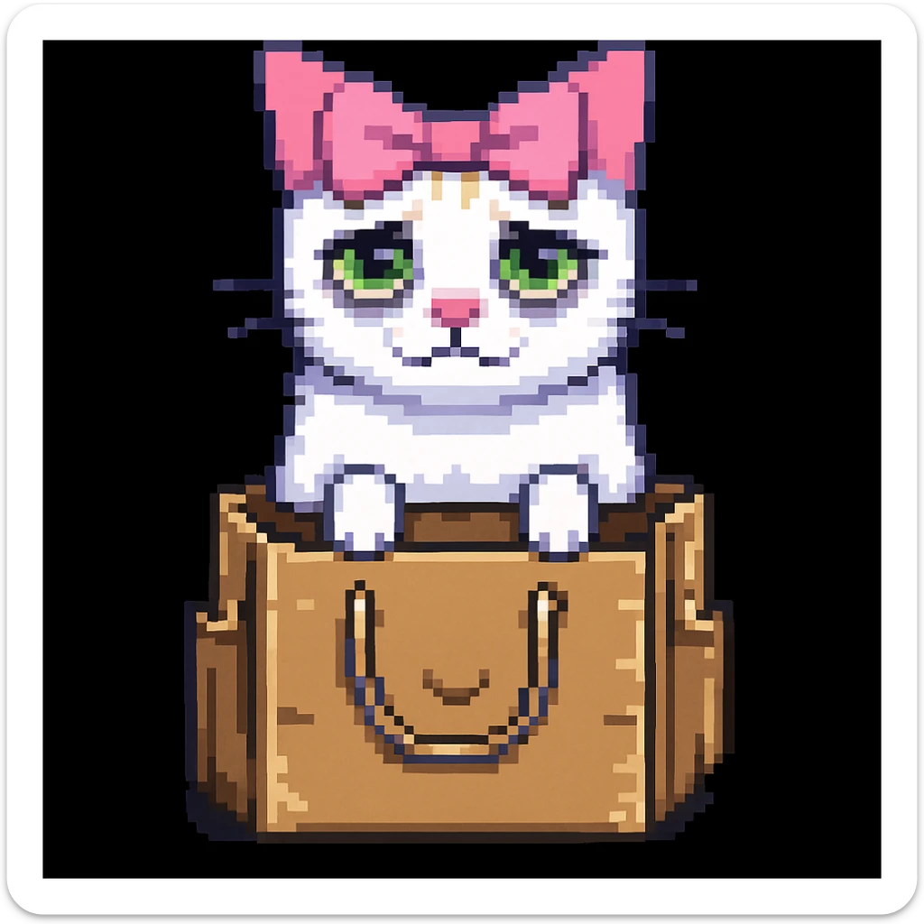 Add a light pink bow to the cat with bags under its eyes, keeping the original style of the image. sticker