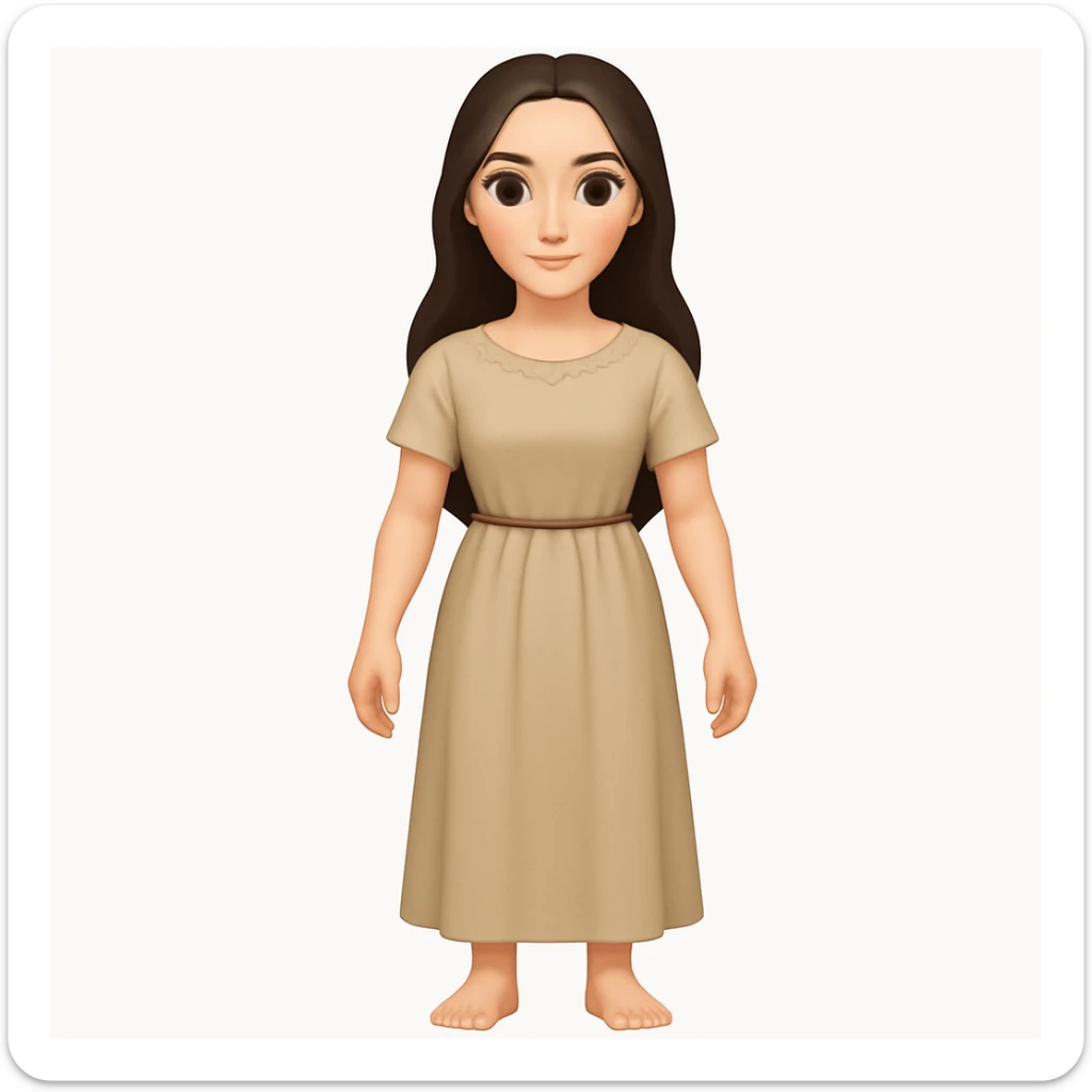 Fullbody Mary Magdalene, fit and feminine, very pretty detailed face, plain light tan ancient dress, no hood, dark hair, arms lowered to a normal pose with hands by hips, in emoji style. sticker