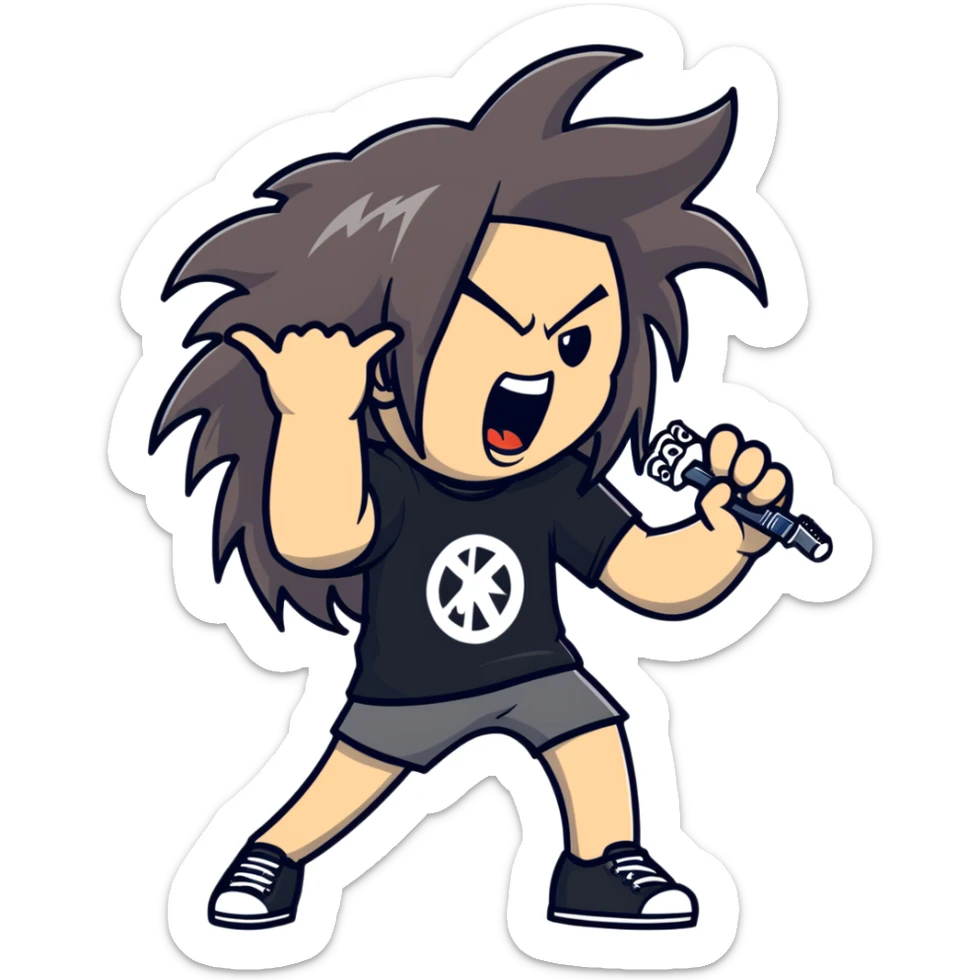A metalhead headbanging with long hair, wearing a rock band t-shirt, excited expression sticker