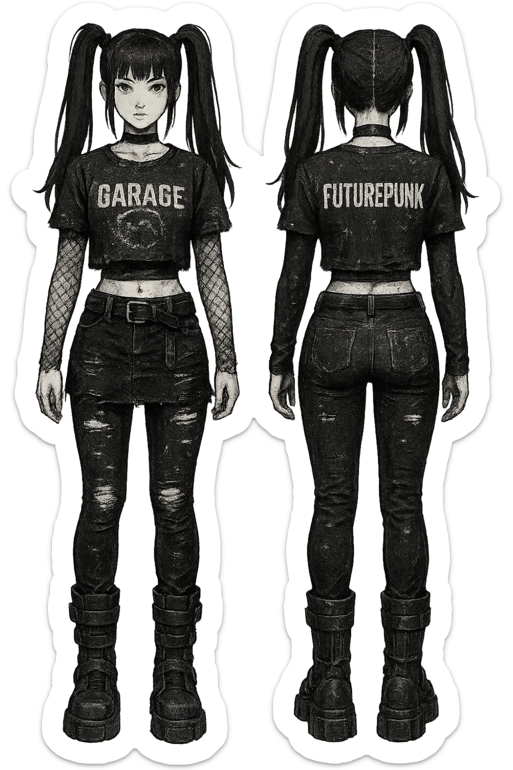 1 female outfit design for a VTUBER OC. The style is mixed 90's grunge, punk, lots of black and white in the color scheme, futuristic aesthetic. Clothing has small rips and tears from wear, logos and designs are faded. Garage, Shoegaze, postmodern style. character design concept art outfit for a female. [[FUTUREPUNK CYBERGOTH]] front on view, not 3/4 angle or any angle, perfect front, front and back view of each design,  sticker