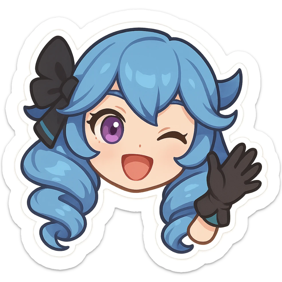 chibi style Gwen from League of Legends, only head, right eye purple, waving with gloved hand, wide smile, energetic expression sticker
