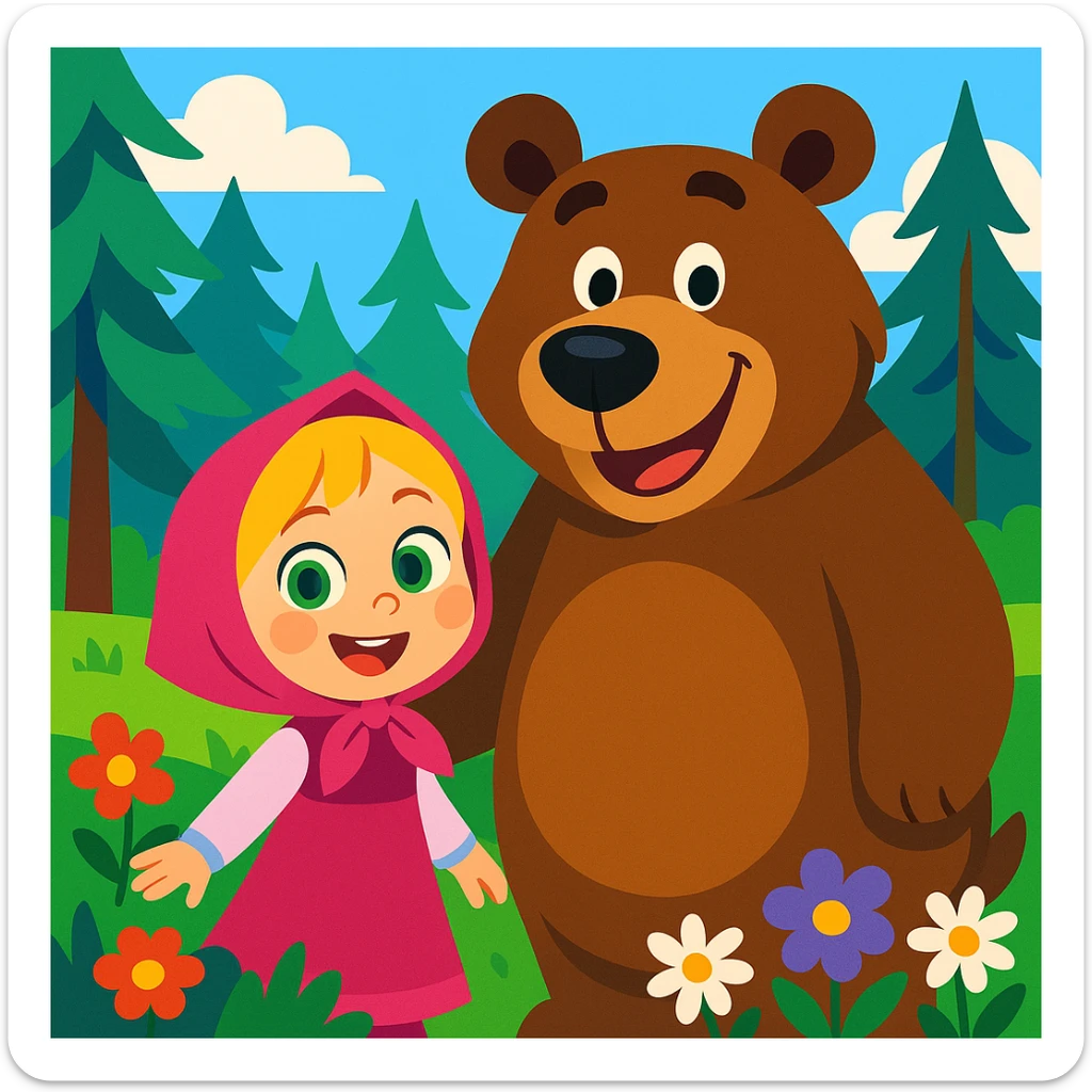 cute cartoon scene: a little girl with green eyes, blonde hair, pink dress and headscarf, smiling next to a big friendly brown bear in a lush green forest with tall pine trees and colorful flowers, bright and clean background sticker