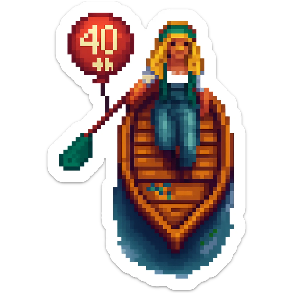 Make the woman have blonde hair and give her a 40th birthday balloon in a pixel art style, with no background. sticker
