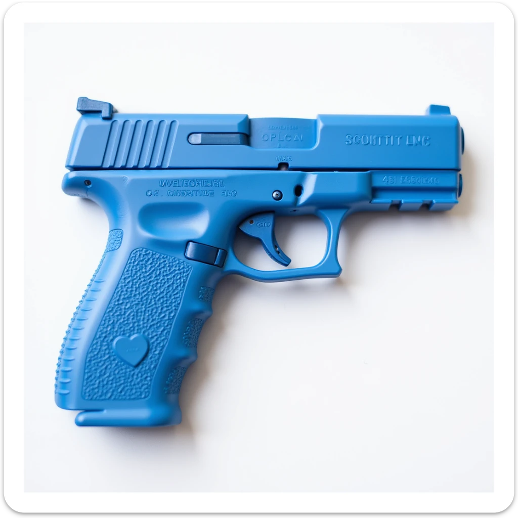 photorealistic blue pistol with a glossy finish, no heart shapes or motifs, on a white background sticker
