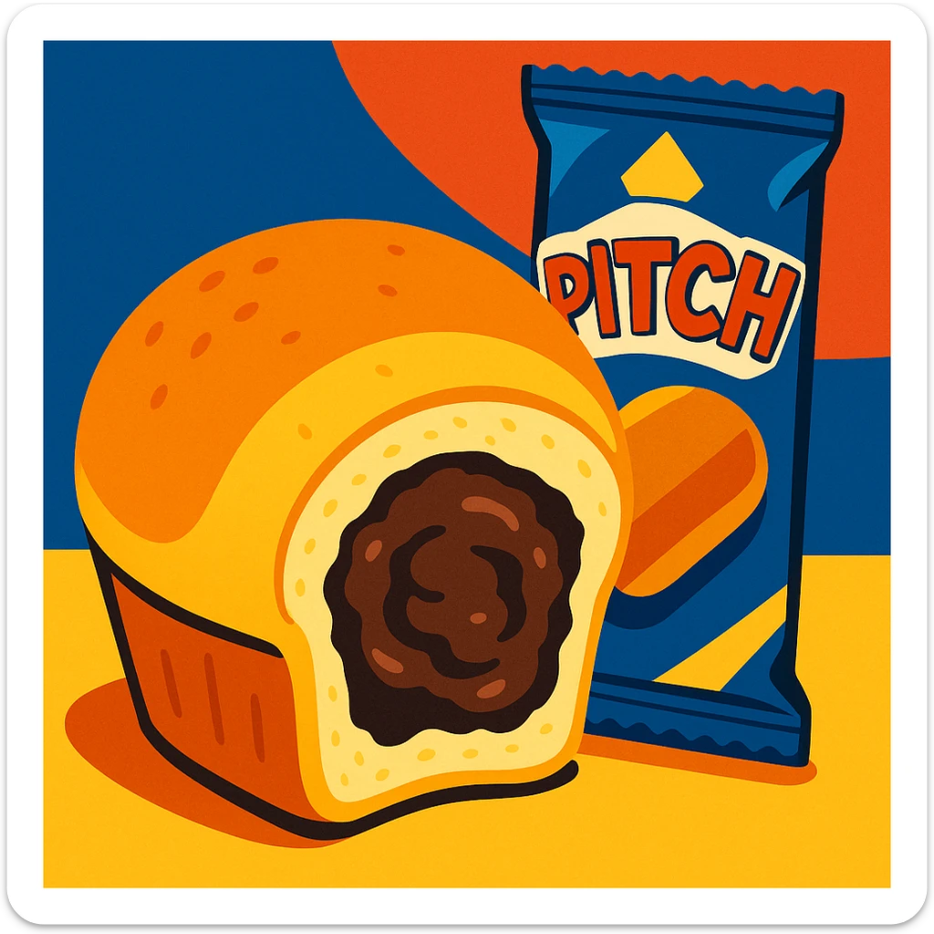 A close-up of a Brioche Pasquier pitch snack with a bite taken out, showing the rich chocolate interior, in a vibrant, mouthwatering illustration sticker