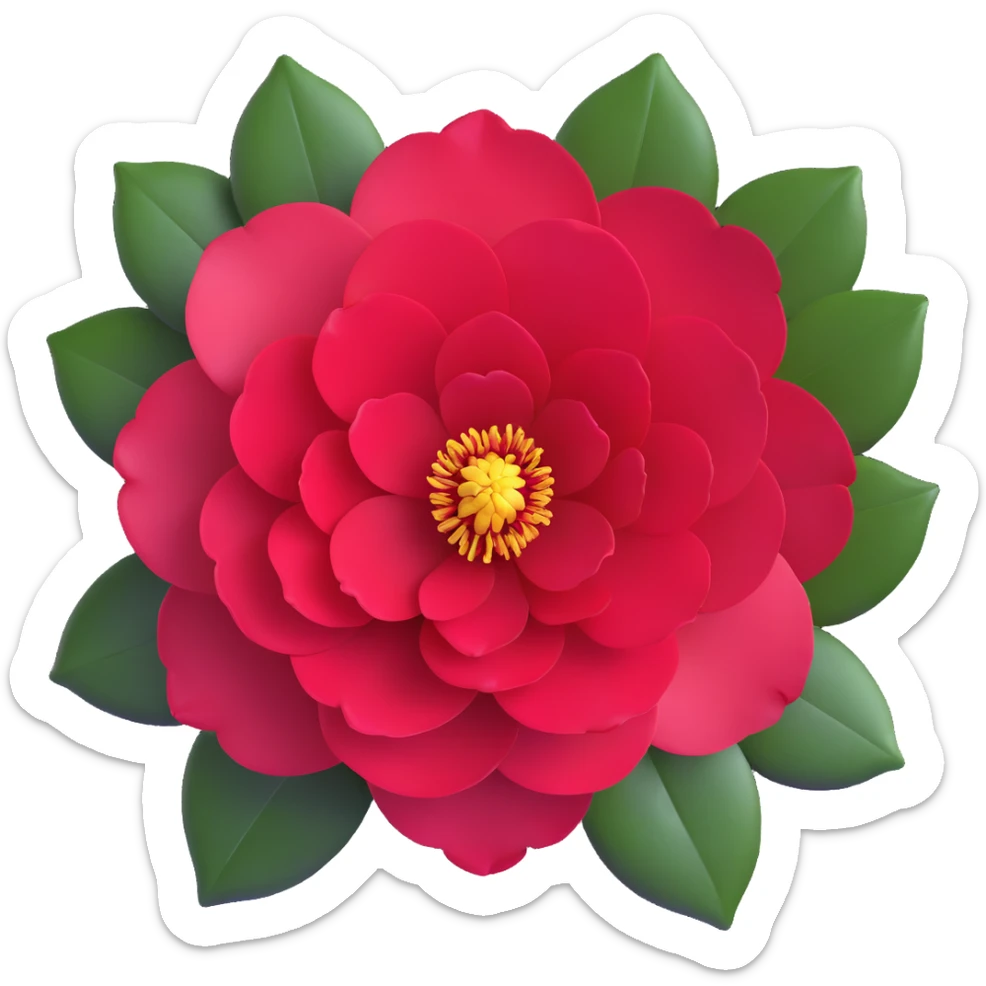 Detailed camellia bloom with formal double form, perfect spiral arrangement of overlapping deep red petals and characteristic glossy oval leaves with fine serrated edges sticker