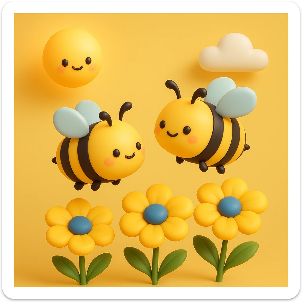 Two bees flying over yellow flowers with a yellow background and a sun in the top left corner. The bees are black and yellow, and the flowers are yellow with blue centers. The background is plain and yellow with white clouds. Make it look exactly like the reference image, but in the kawaii 3D iOS model. sticker