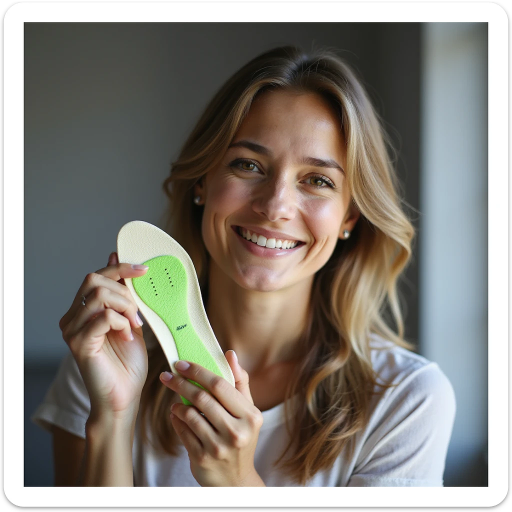 realistic style woman showing orthopedic insole in hand and pointing to foot smiling, foot with bright green effect, positive environment sticker