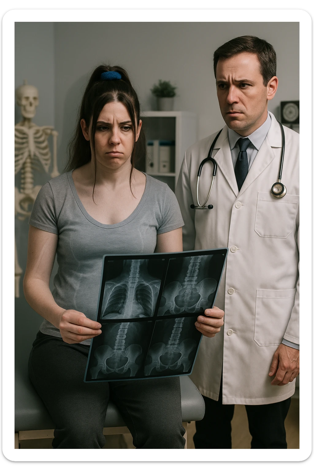 a person sits in a doctor’s office, holding medical imaging results (like X-rays or MRI scans) that appear normal. However, a subtle shadow or ghosted outline around their body reveals postural asymmetries—such as uneven shoulders or hips—that are not visible in the scans. The doctor looks puzzled, while the patient appears frustrated. sticker
