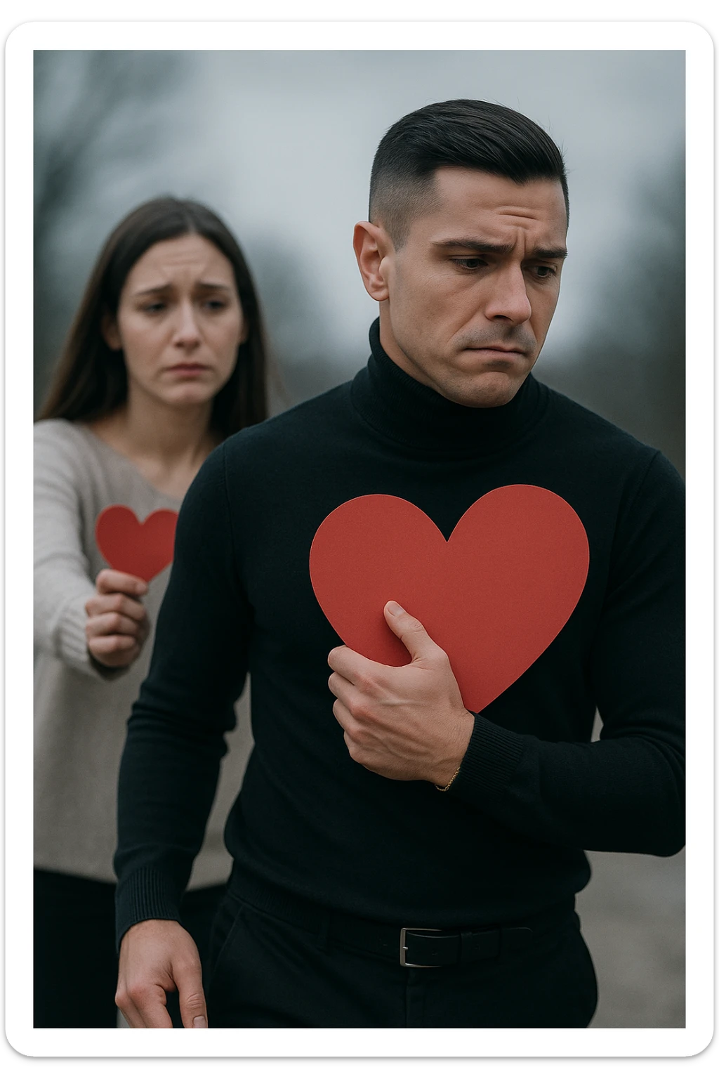 un uomo italiano in abiti casual si allontana da una donna che cerca di abbracciarlo. Lui stringe al petto un grande cuore rosso, mentre lei ne tiene uno più piccolo; entrambi hanno espressioni tristi, e la distanza emotiva è sottolineata da uno sfondo sfocato e freddo. sticker