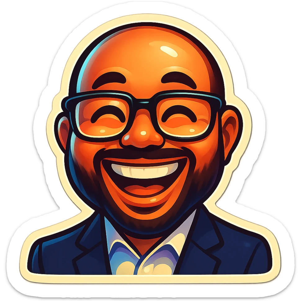 Create a funny emoji version of the person in the photo, exaggerating the smile and glasses for a playful effect. Keep the background transparent. Use a retro stickers style for the emoji. sticker