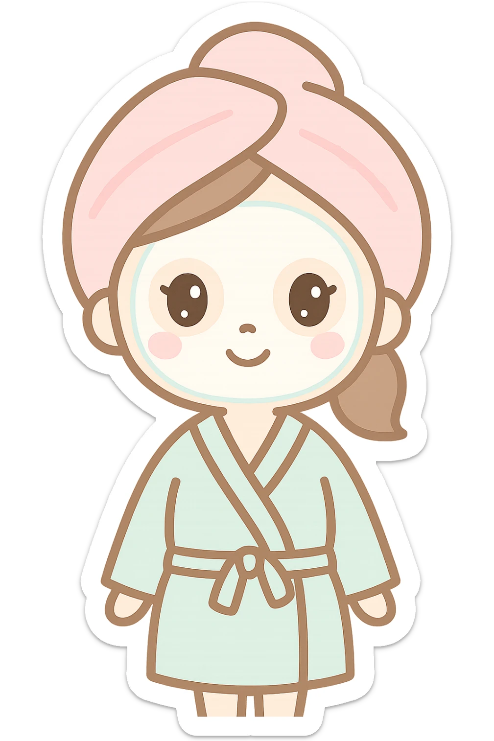 a girl with brown hair, wearing a bathrobe and a pastel pink towel turban, with a white facial mask, kawaii style sticker