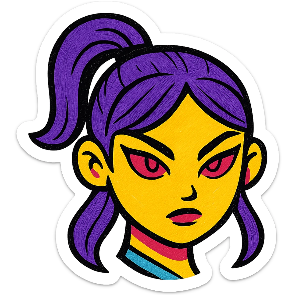 fierce K-pop warrior girl emoji face with sleek violet hair in a high ponytail, glowing red almond-shaped eyes, bold eyeliner, calm but intense expression, modern pop-art style sticker
