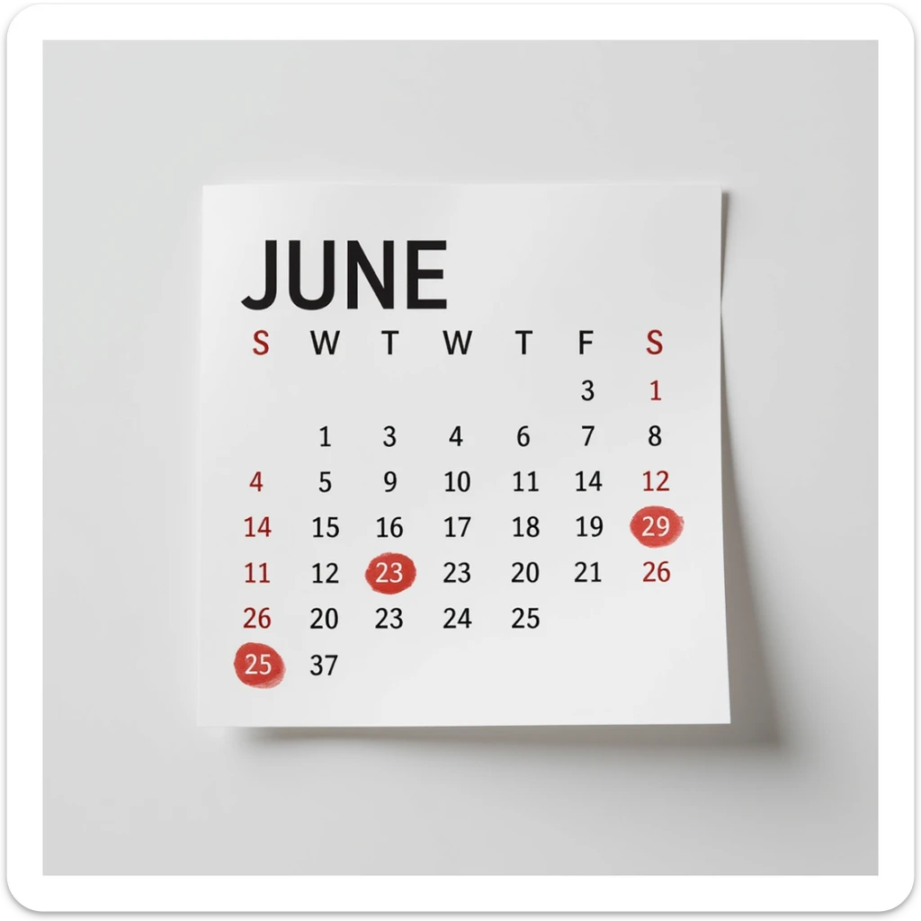 hyperrealistic calendar, 4K, no background, with days from June 1 to June 7 circled in red, no border, no shadow, just the sheet sticker