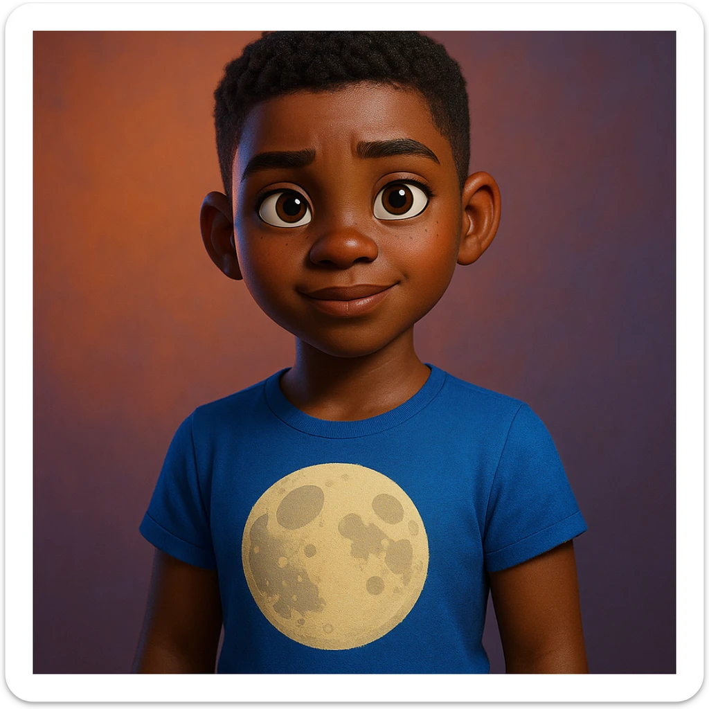 Pixar animation style dark-skinned girl with short masculine hair, wearing a t-shirt with a moon design sticker