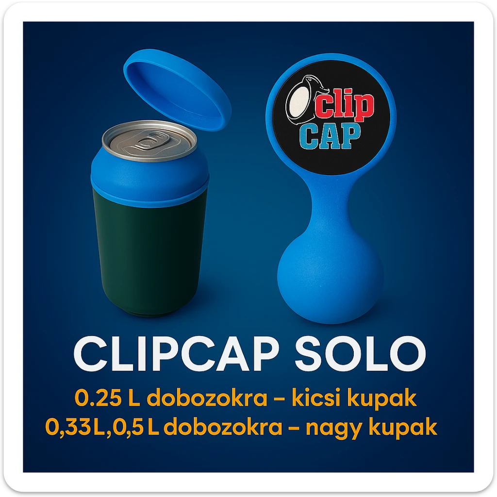 A kupakokat színezd át kékre. A CLIPCAP DUO felírat helyett CLIPCAP SOLO felírat legyen, a "kicsi és nagy kupak a csomagban" szöveg helyett "0.25L dobozokra - kicsi kupak" és a "0.33L,0.5L dobozokra - nagy kupak" külön sorban. sticker