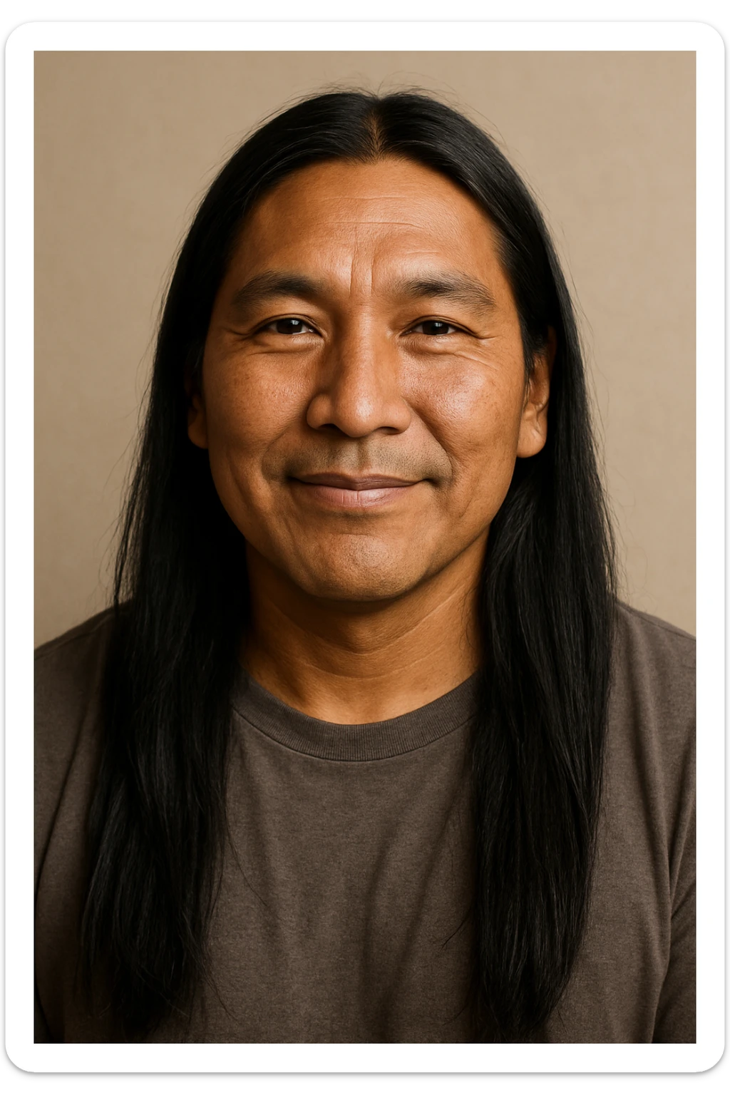 Native Indigenous man with long black hair and brown skin, gentle smile, wearing a simple shirt, minimal background sticker