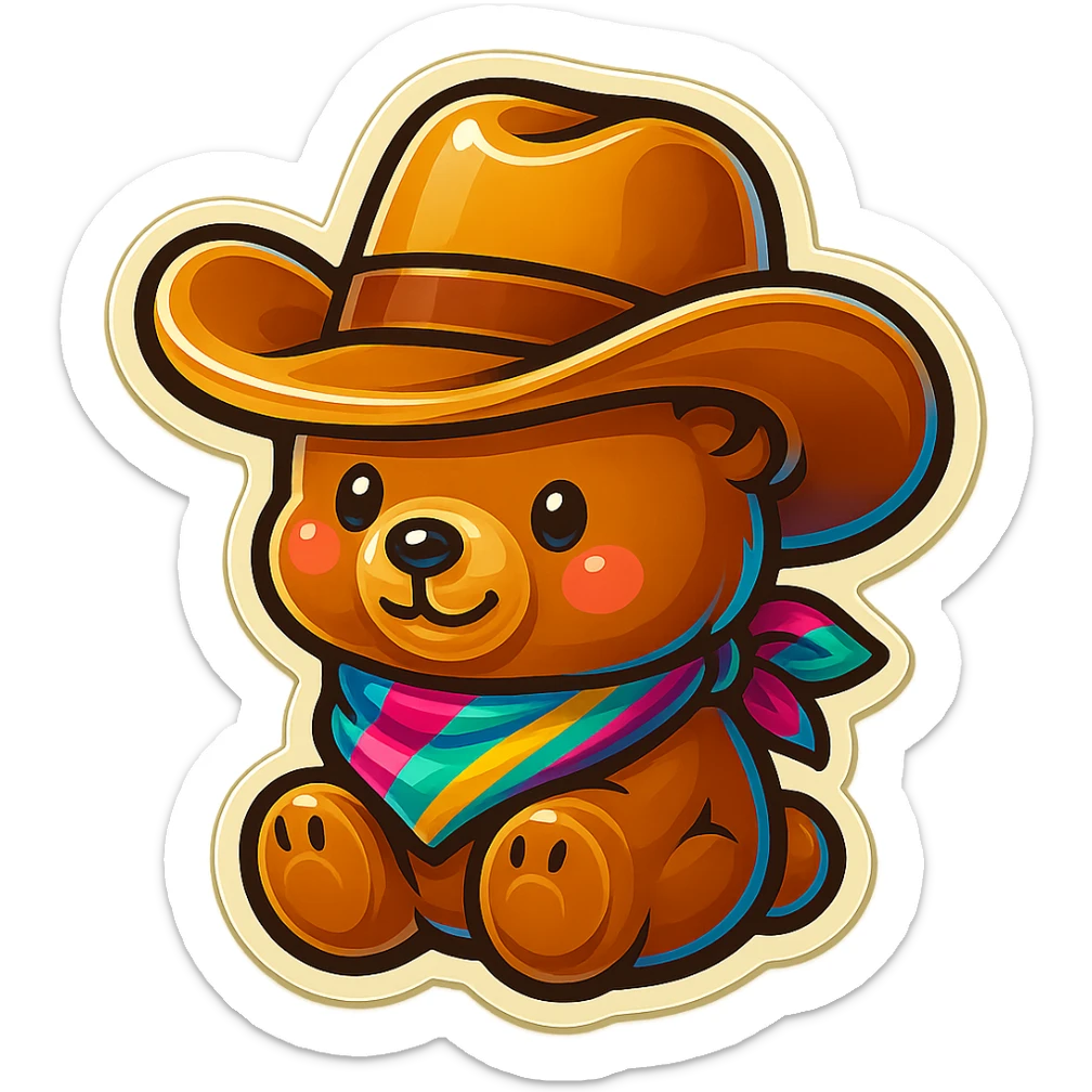 Add a colorful scarf to the playful bear character with a big hat, keep the fun and friendly retro stickers style, no background. sticker