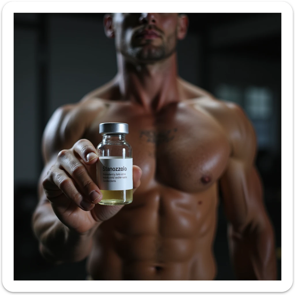 realistic photo of a serious crossfit athlete showing a vial labeled 'Stanozololo', defined muscles, intense light, gym background sticker