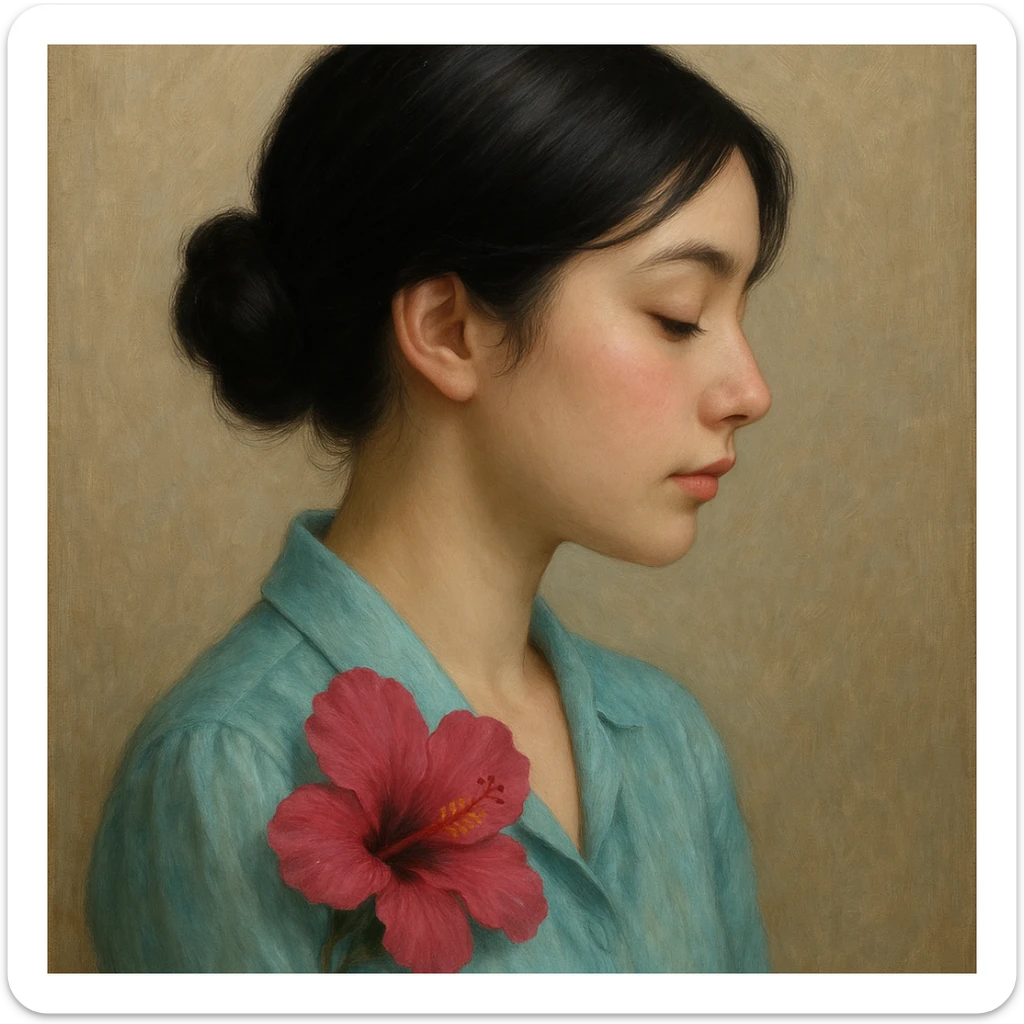 portrait of a black-haired girl with a neat low bun and side hair, face in profile, wearing a light sea blue silk shirt, adorned with a dark pink hibiscus flower, gentle feeling sticker