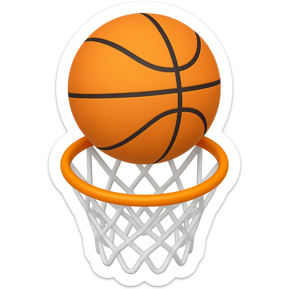 Change the perspective to be from the top of the key, with the basketball about a foot off the rim, in the style of apple emojis, keep the background transparent. sticker