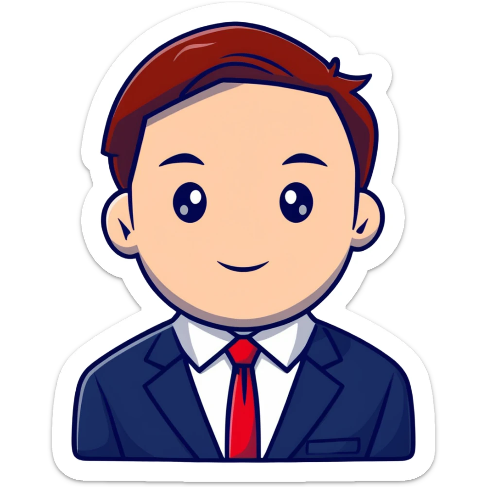 man wearing a dark blue-gray business suit with a white shirt and a red tie sticker