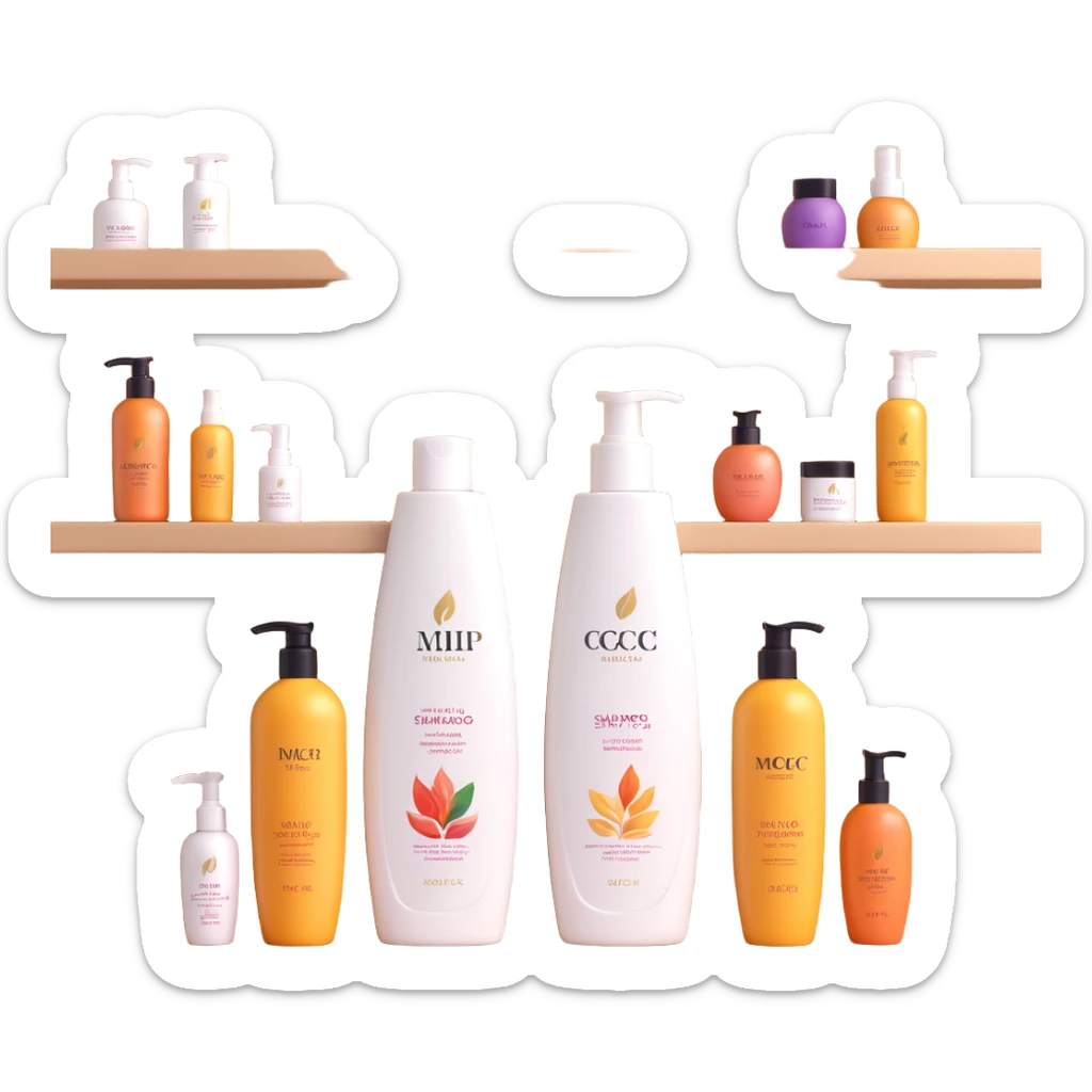 Shampoo bottle, color tube, and conditioner standing on a shelf, products are luxury brand-labeled sticker