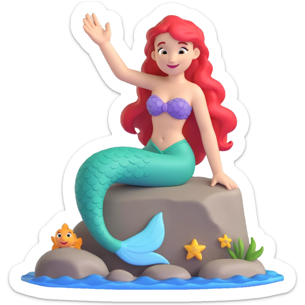 the little mermaid sitting on a rock, waving her hand to the viewer, smiling sticker