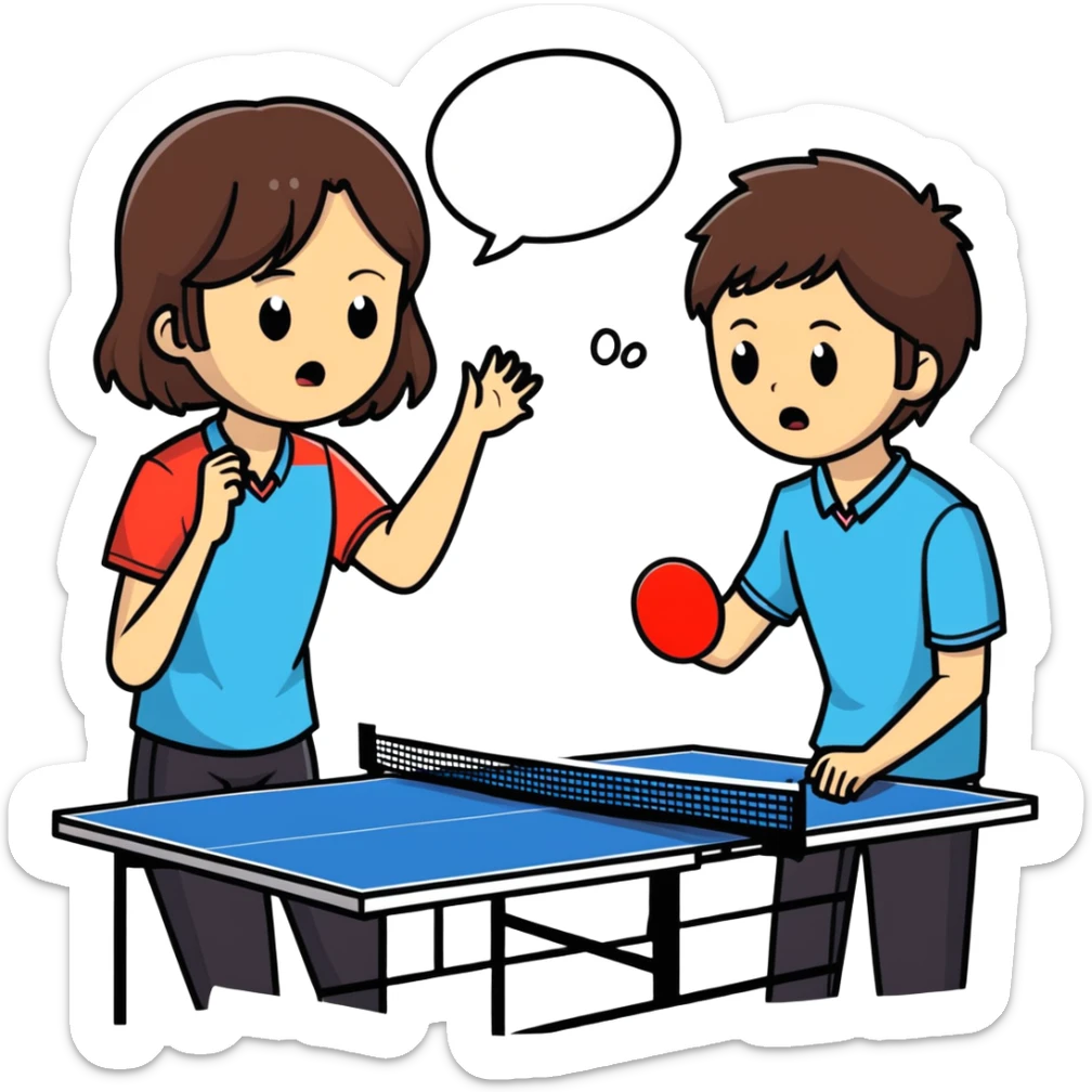 girl with brown hair playing ping pong against guy with dark hair while the guy is crying sticker