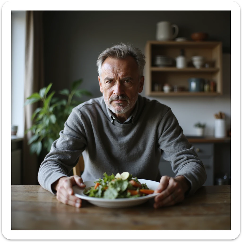 realistic 4K image of a 40-year-old man sitting at a table with a plate of salad, looking disheartened towards a scale, natural light atmosphere sticker