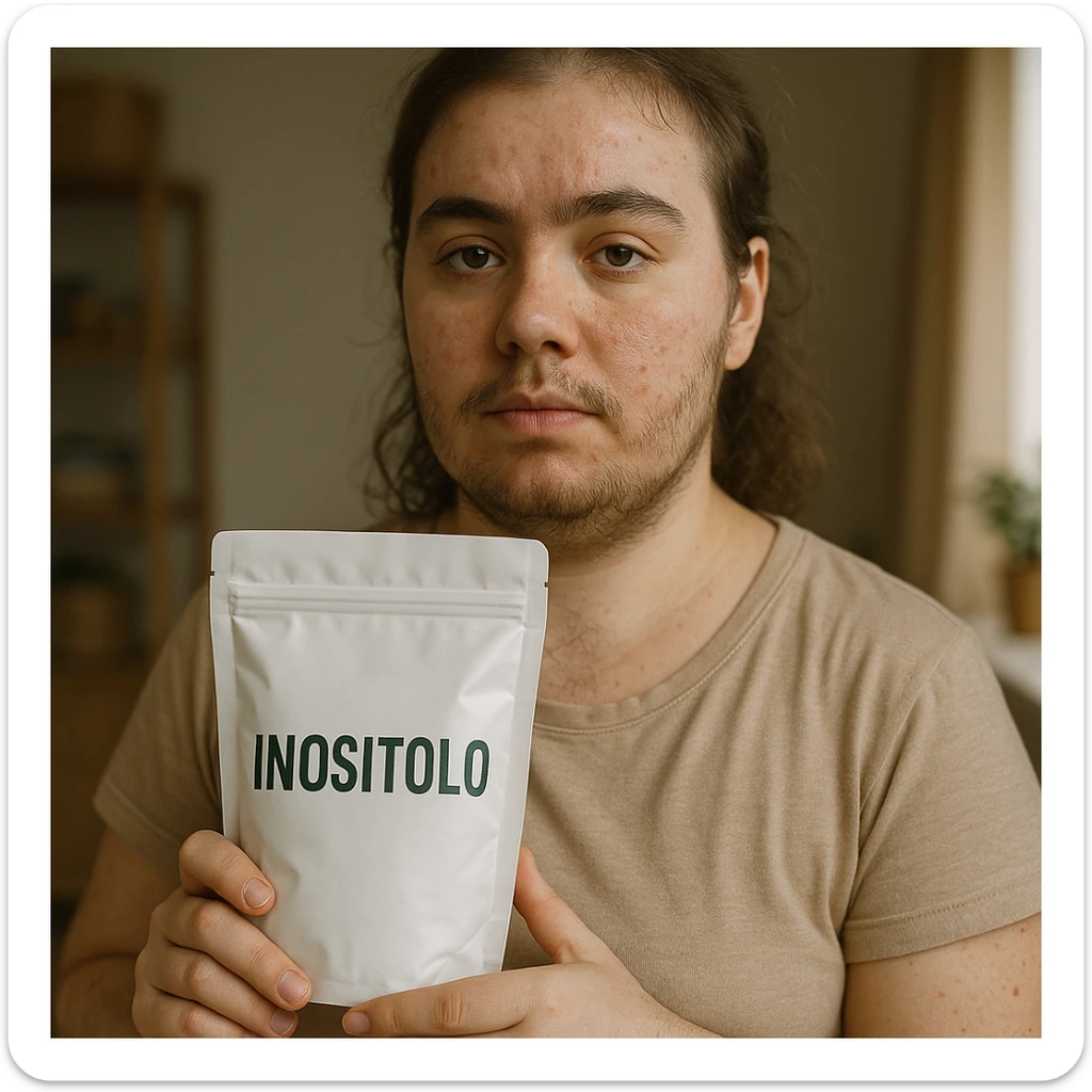 Hyperrealistic photograph of a woman with PCOS holding a package with the label 'Inositolo' clearly visible and readable. She has acne and facial hair, thin hair, and a serene expression. The setting is a domestic environment with natural light. sticker