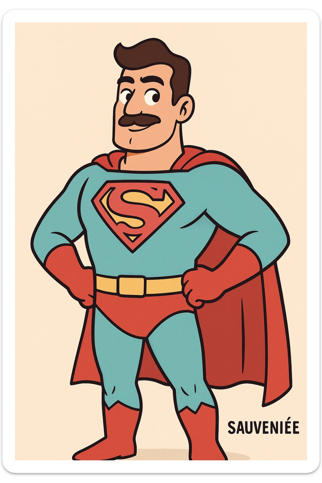 cartoon character wearing superhero costume with large S on chest, bright colors, inspired by Superman logo, representing Sauvenière sticker