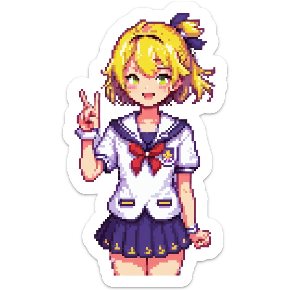 Pixel art anime girl with short bright yellow hair wearing Japanese sailor style school uniform, making victory peace signs with both hands, winking happily with excited expression sticker