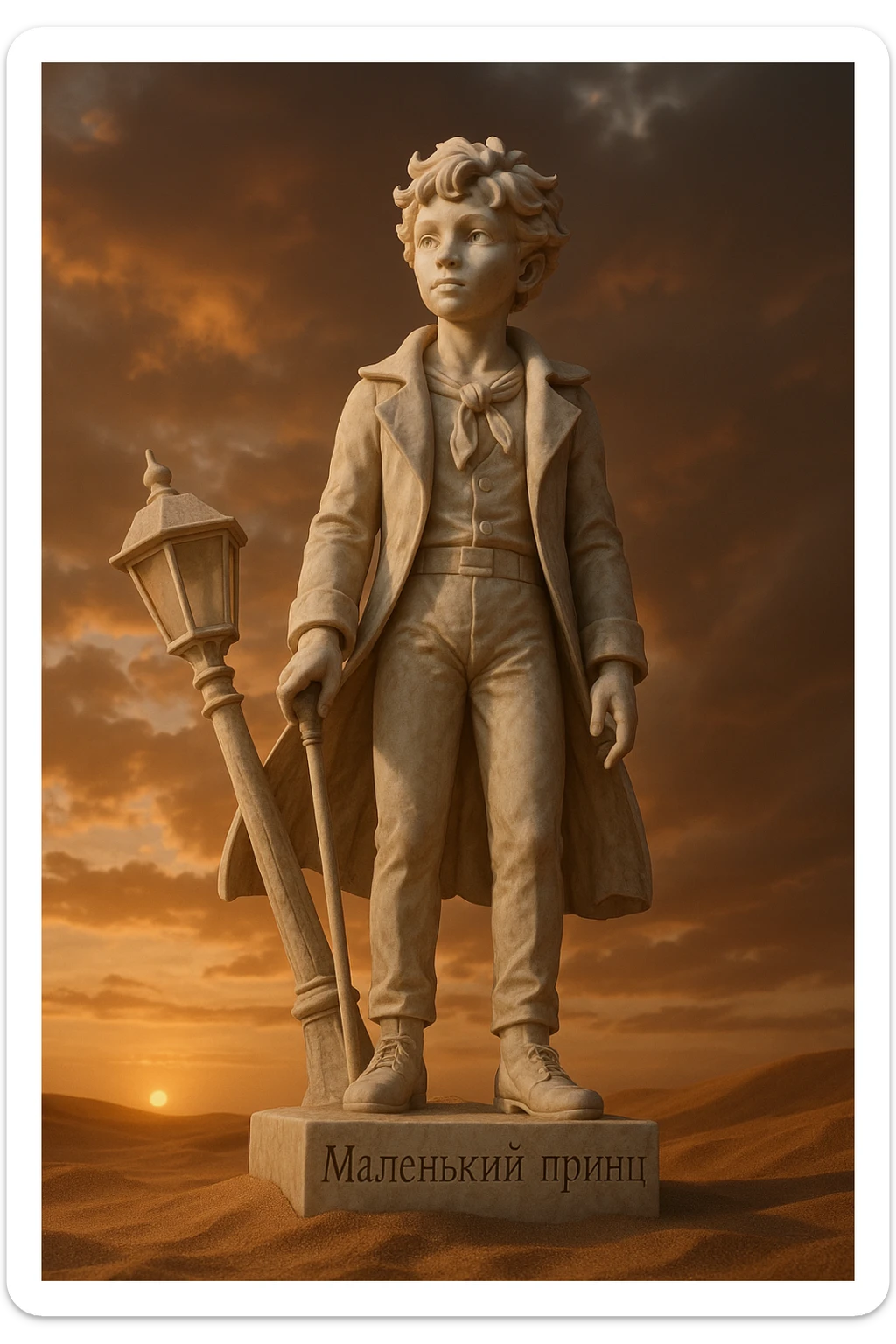 ultra-realistic full-length marble sculpture of the Little Prince standing in desert sands next to a broken lamppost, pedestal engraved with 'Маленький принц', dramatic sunset lighting, low-angle view from below, highly detailed, photorealistic sticker