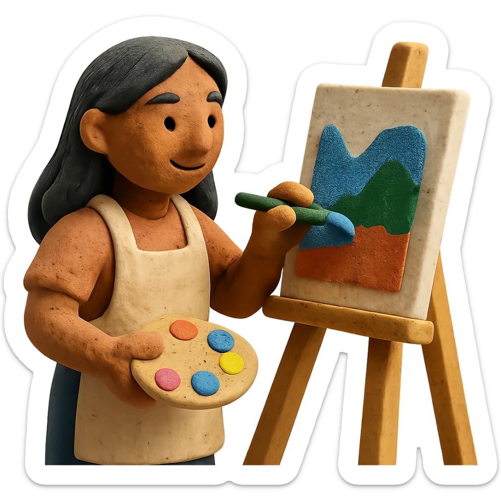 tanned woman artist with long black hair, wearing an apron, painting at an easel, holding a palette and brush, claymation style sticker