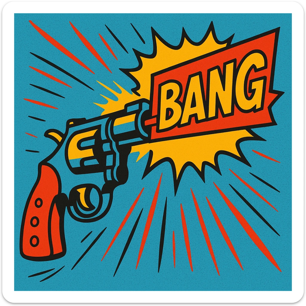 cartoon-style revolver firing with comic-style 'BANG' text popping out from the barrel instead of a bullet, bright colors, exaggerated motion lines, fun retro comic look sticker